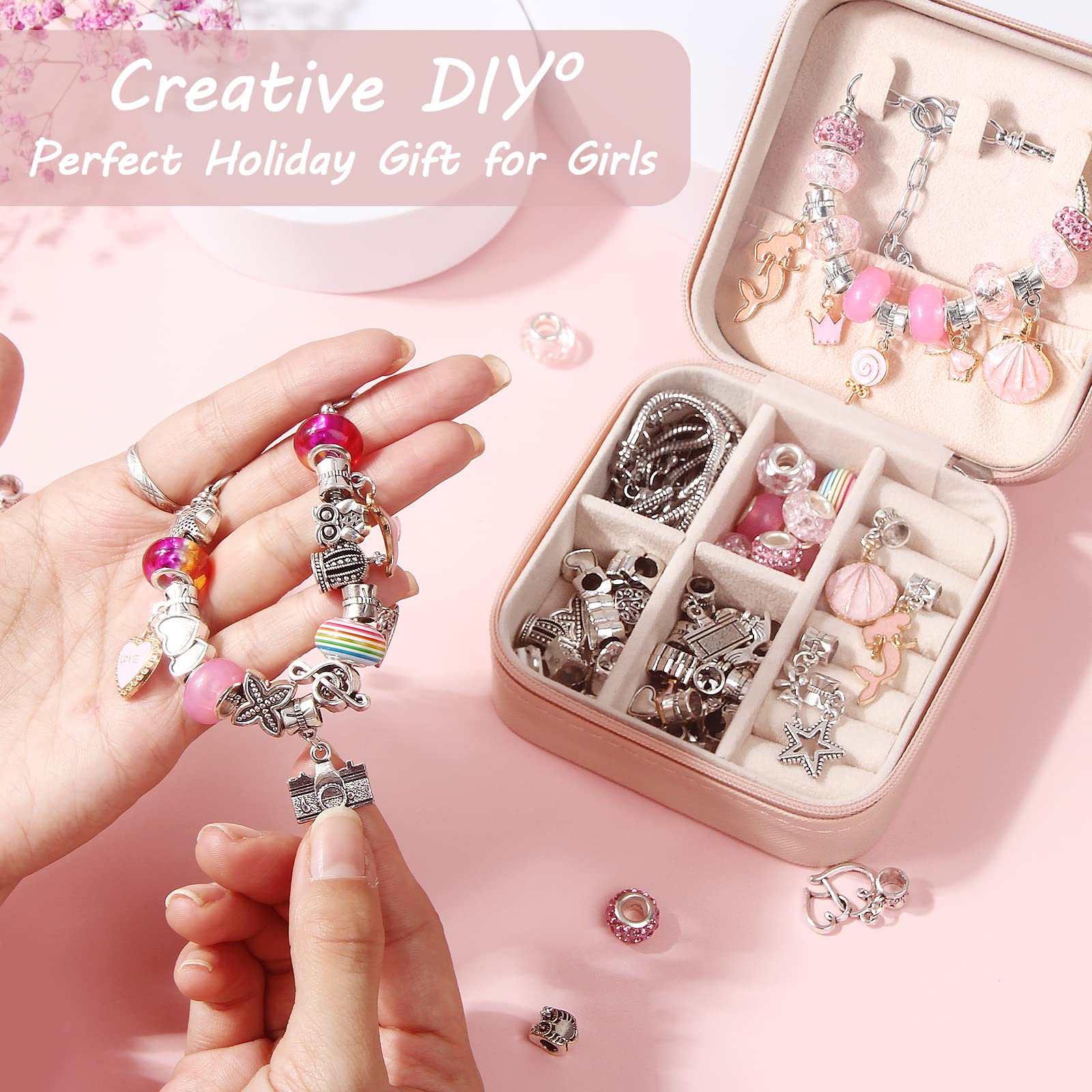 UFU Charm Bracelet Making Kit Girls Beads for Jewelry Making Kit, Unicorns Arts Crafts Gifts Set for Teen Girls Age 5 6 7 8-12, with a Portable Bracelet Organizer Box