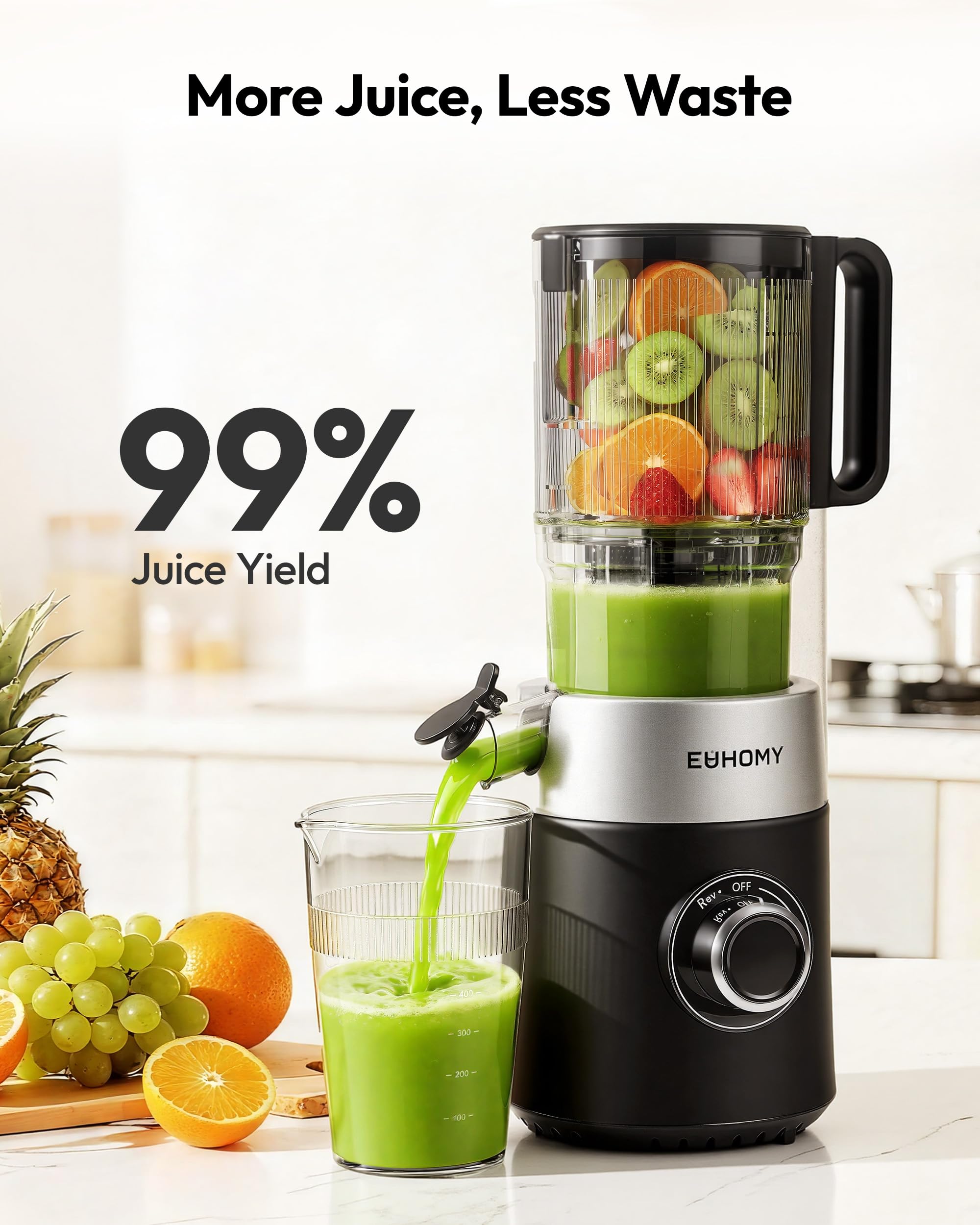 EUHOMY Cold Press Juicer Machines, 135mm&1.8L Feeding Chute for Whole Fruits and Vegetables-Liberate Your Hands, 220W Slow Masticating Juicer with Auto-cutting Auger, Safety Lock