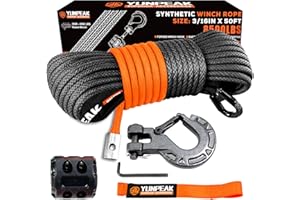 YUNPEAK Synthetic Winch Rope Kit, 3/16" x50 ft 8500LBS Winch Cable Replace Kit, with Protective Sleeve, Heavy Duty Hook, Rubb