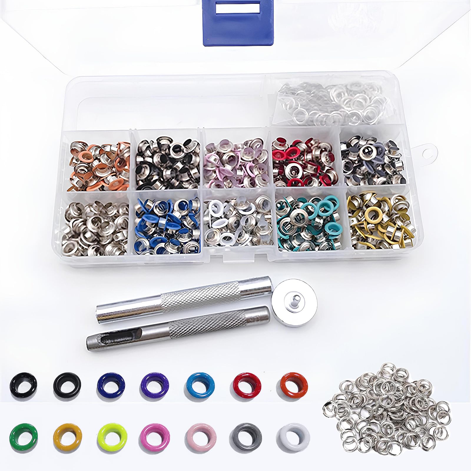 Grommet Eyelets, 500 Sets 5mm Eyelets Grommet Kit, Grommet Tool Kit, Tarpaulin Repair Kit, 10 Colors Metal Eyelets with 3 Grommet Setting Tool for Shoes, Clothing, Bag, Canvas, DIY Crafts - Style C