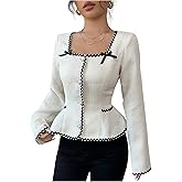SweatyRocks Women's Contrast Binding Button Front Tweed Blouse Elegant Square Neck Ruffled Office Tops