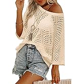 Zeagoo Women's 2026 Spring Summer Crochet Top Hollow Out 3/4 Sleeve Sweater Off Shoulder Beach Knit Coverup