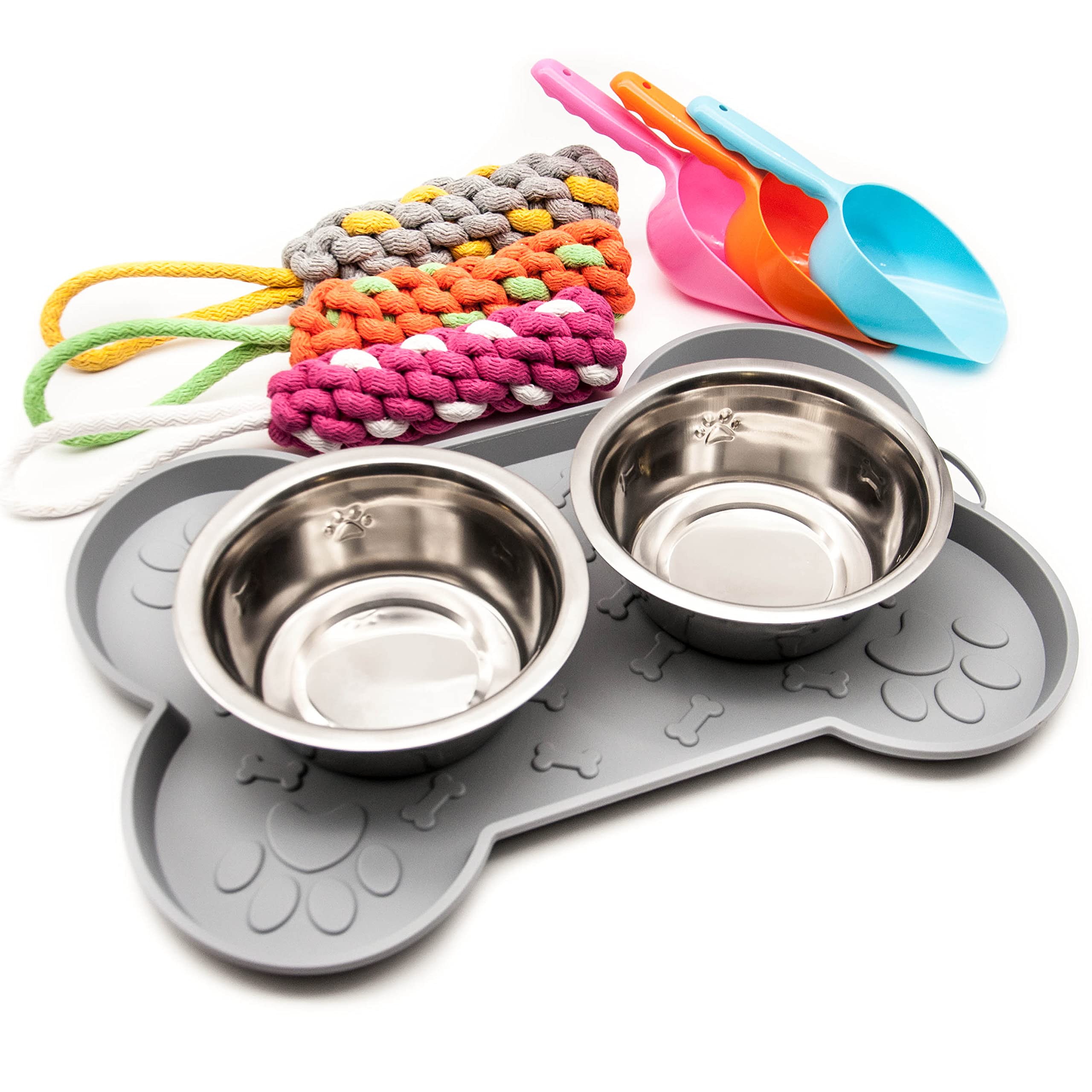 Set of 6 - Non-Slip Dog TRAY Dog Bowls Stainless Steel Double BOWLS with Non-Spill Mats, Dog Food SCOOPS & Rope Dog TOYS for Boredom Dog Water Bowl Food on Pet Food Mat (Grey, Dog Feeding Set)