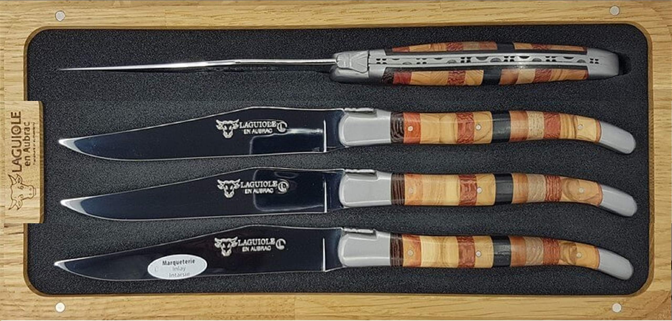 Laguiole en Aubrac Luxury Fully Forged Full Tang Stainless Steel Steak Knives 4-Piece Set, Woodstock Handles, Stainless Steel Matte Bolsters
