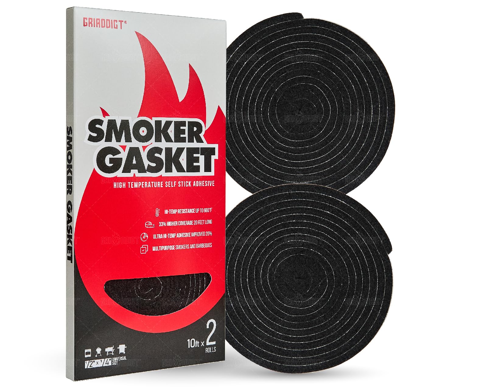 Photo 1 of 2-Pack x 10 Feet Grill Seal Gasket, Smoker Felt Gasket Accessories - High-Temp Seal Material, Keep Heat Locked. Works for Oklahoma Joe, Weber, Pitboss, and Pellet Grills. 20 Ft, 1/2" x 1/4", Black