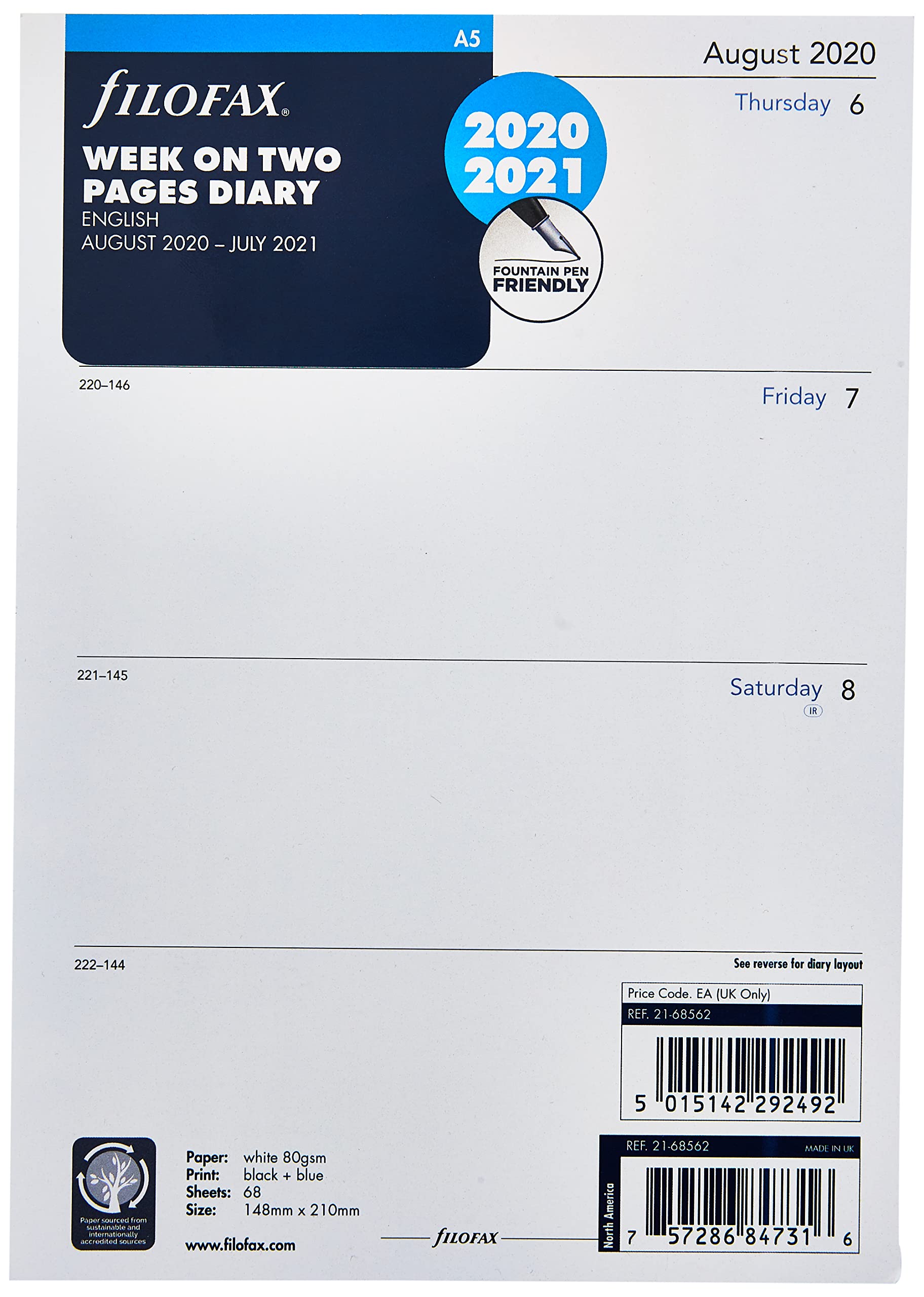 Filofax A5 Week on Two Pages English mid Year Diary August 20 - July 21