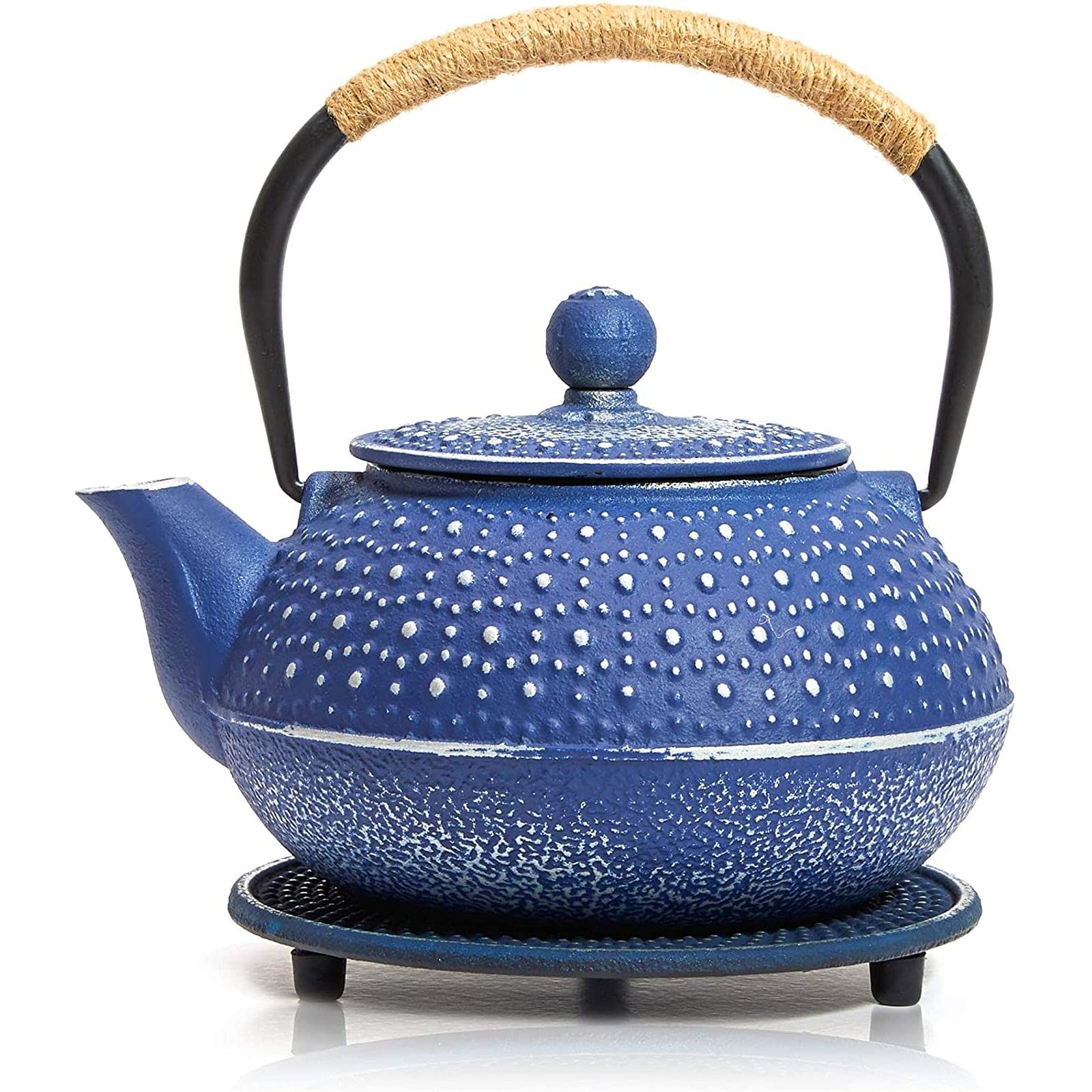 Photo 1 of Juvale Cast Iron Teapot with Infuser - Blue, 27 oz (800 mL) - Stovetop Tea Kettle for Loose Leaf Tea - Includes Stainless Steel Infuser & Trivet