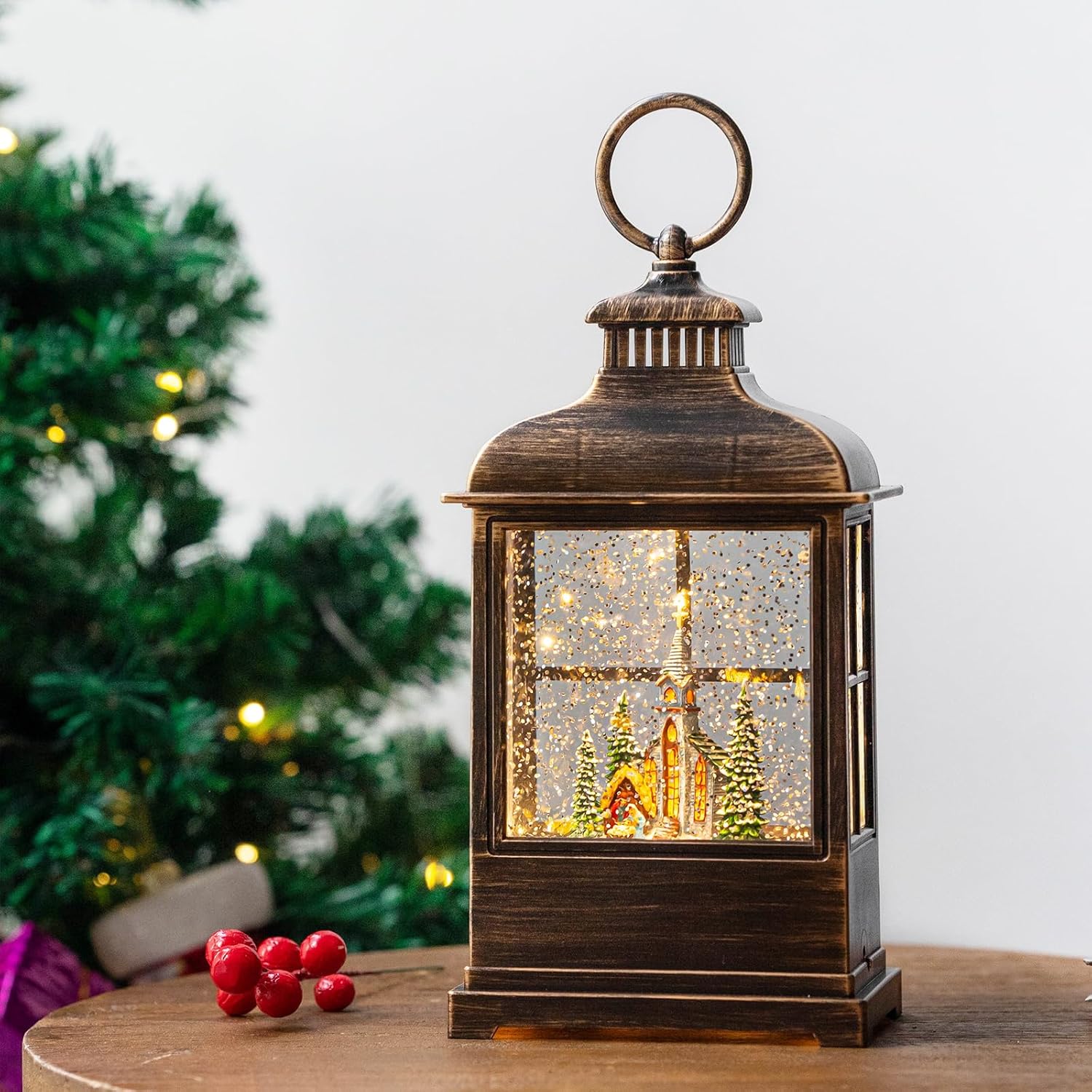 Snow Globes - Christmas Snow Globe Lantern Water Glittering Churches & Nativity with Music & Timer, USB Lined/Battery Operated Lighted Lantern for Christmas Festival Decoration Gifts
