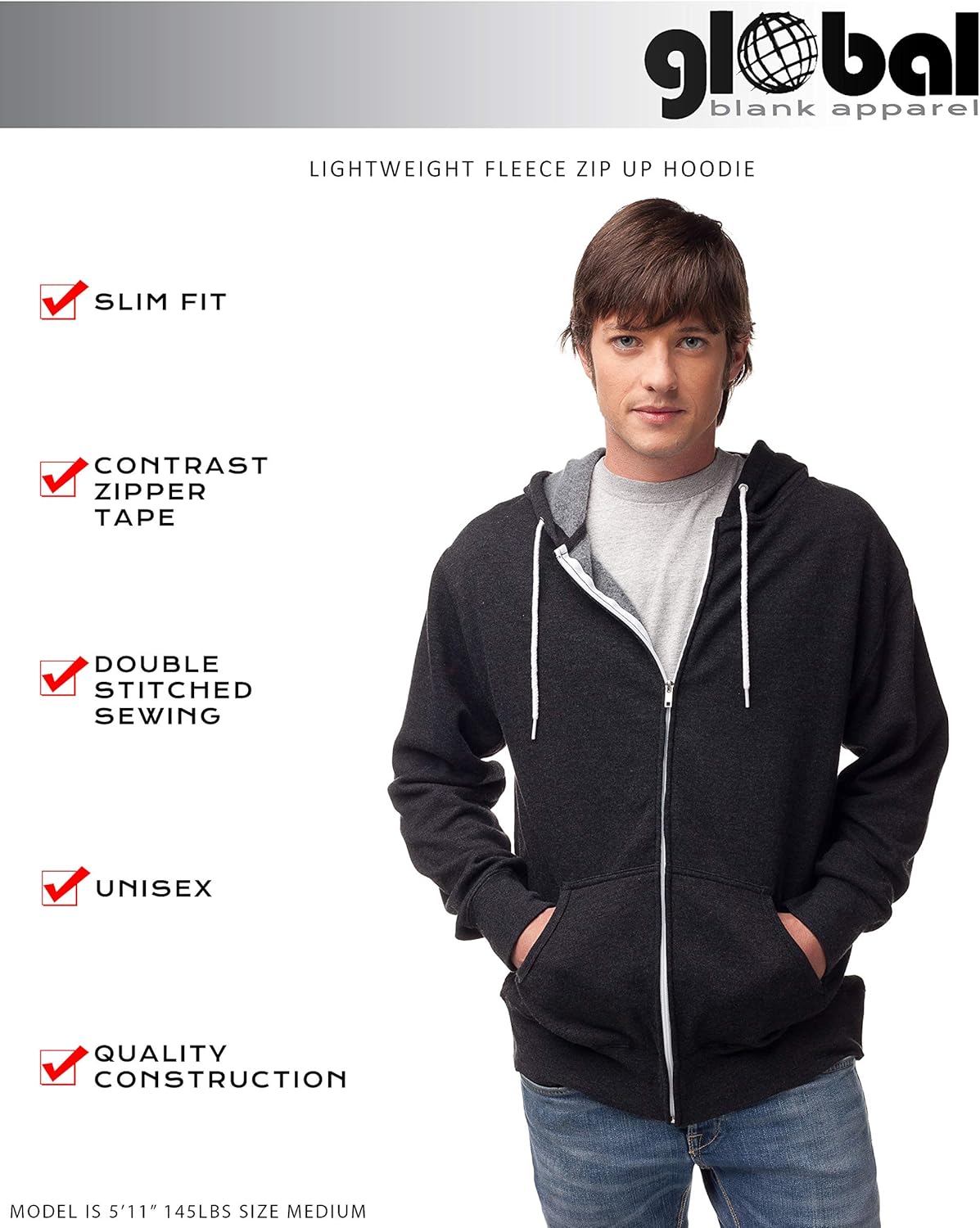 Global Blank Slim Fit Lightweight Zip Up Hoodie Men and Women Hooded Sweatshirt at  Men’s Clothing store