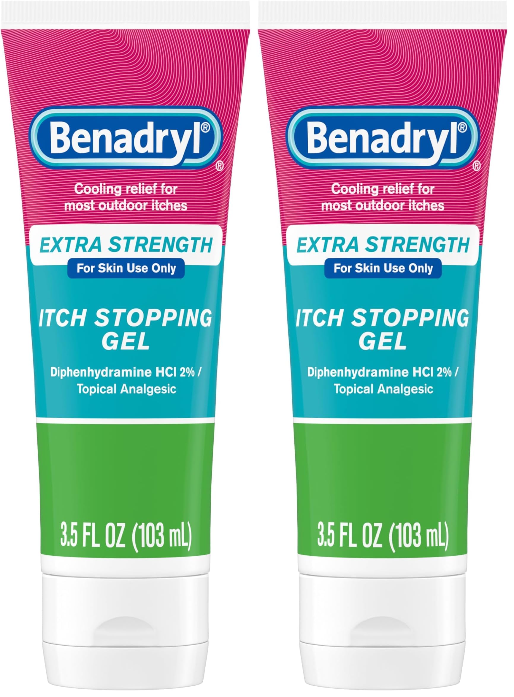 Benadryl Extra Strength Anti Itch Relief Gel, 2% Diphenhydramine HCl, Relief from Insect Bites, Sunburn & More, Great for Camping Essentials, 3.5 fl oz (Pack of 2)