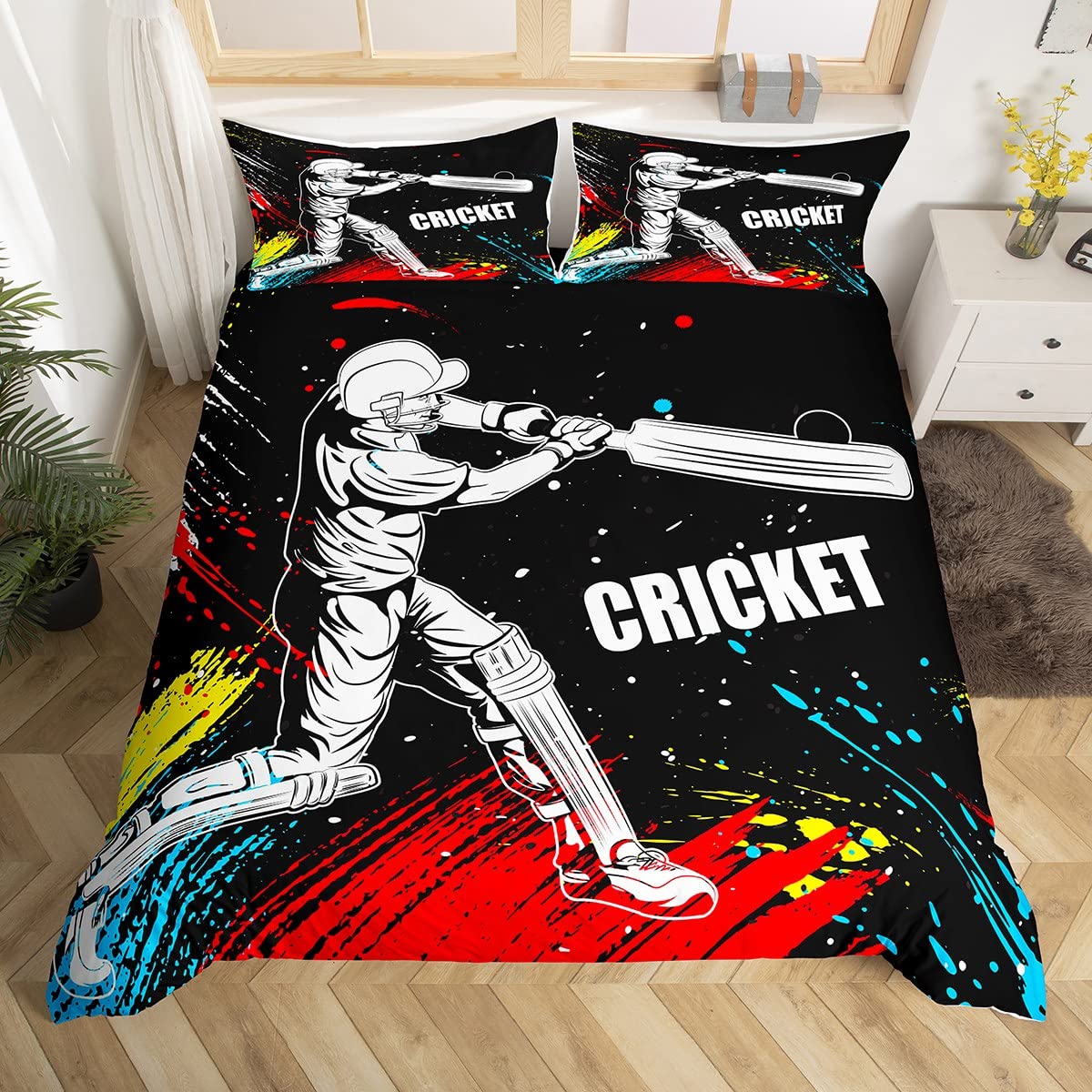 Loussiesd Cricket Player Bedding Set for Girls Boys Children Sports Theme Comforter Cover Decorative Cricket Ball Game Duvet Cover Tie Dye Watercolor Bedspread Cover 3Pcs Zipper Double — image 1