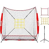 7x7 ft Baseball Net, Pitching & Batting Net with Batting Tee, Designed with Large Ball Collection System, 2 Strike Zones, Carry Bag, Baseball Softball Net for Batting Pitching Hitting and Throwing