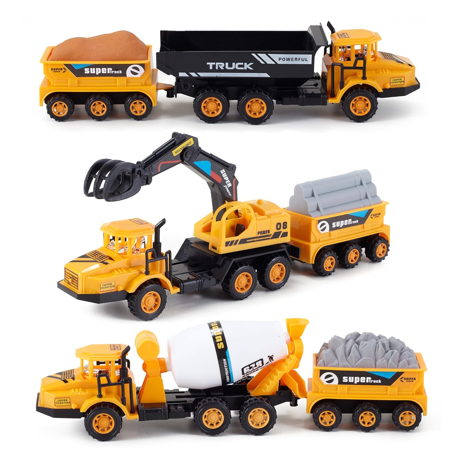 Set of 3 Deluxe Construction Toy Vehicles Playset Dump Truck, Cement