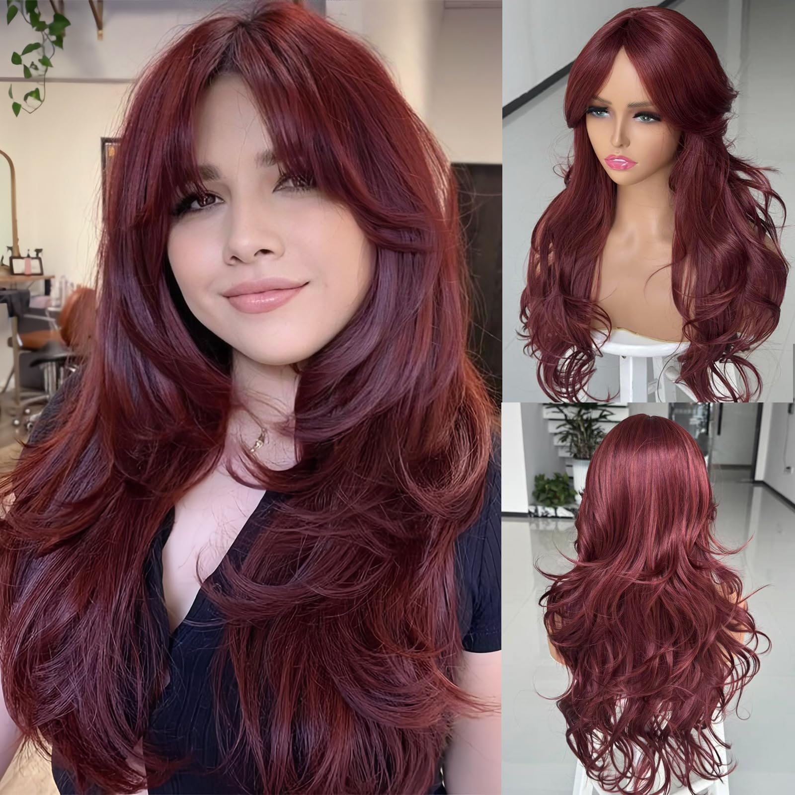 Photo 1 of Aisaide Long Wavy Burgundy Wig Red Layered Wig with Curtain Bangs for White Black Women,Synthetic Burgundy Hair Layered Long Wavy Wine Red Shaggy for Women 24inch