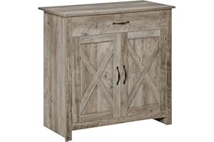 HOMCOM Farmhouse Sideboard Buffet Cabinet with Storage, Accent Cabinet with Barn Doors, Drawer and Adjustable Shelf, Ash Grey