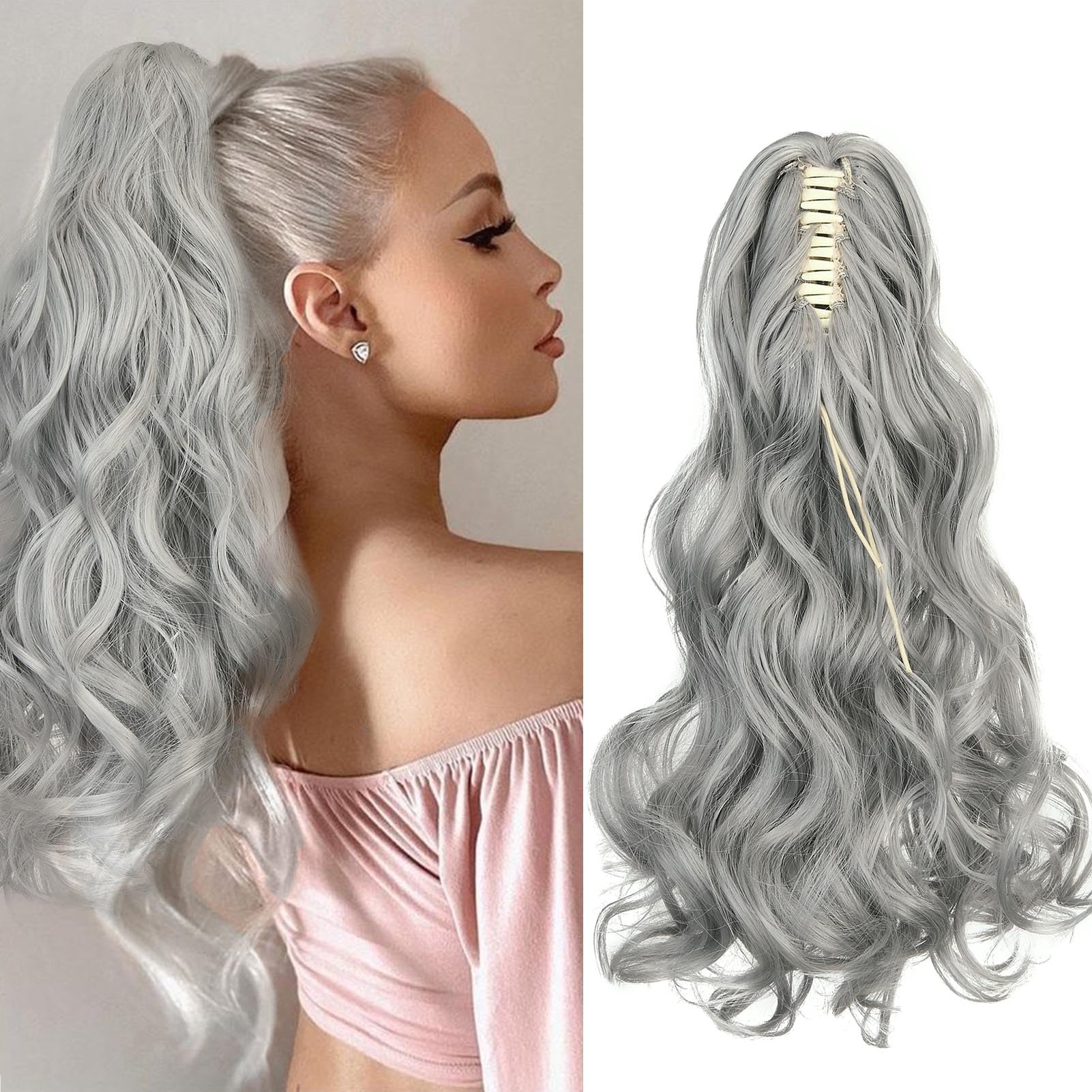 Cybelleza Ponytail Extension Curly Wavy Claw Jaw Pony Tail 18" One Piece Clip in Hair Extensions Ponytail Hairpiece Synthetic Long Natural for Women, Dark Gray — image 1