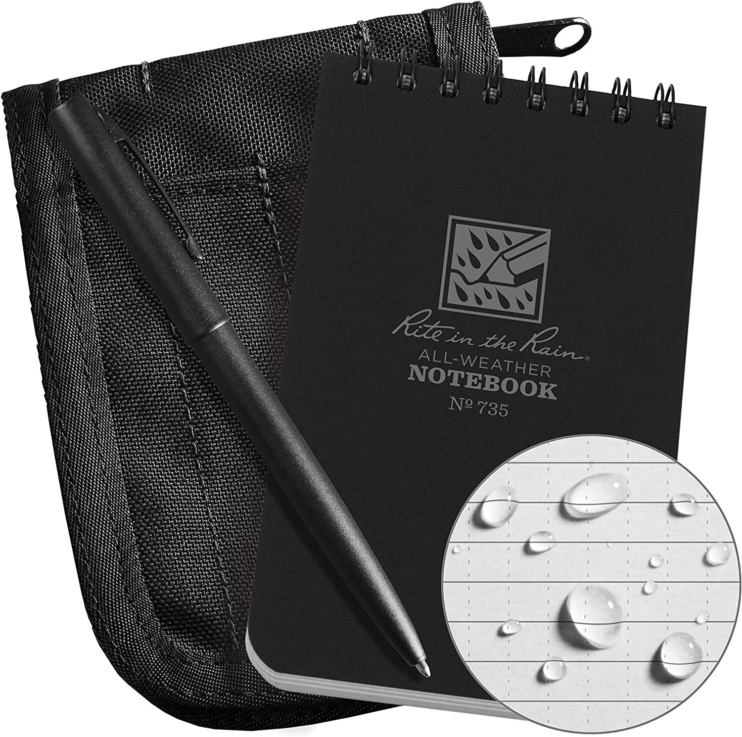 Rite in the Rain Weatherproof 3" x 5" Top Spiral Notebook Kit: Black CORDURA Fabric Cover, 3" x 5" Black Notebook, and Weatherproof Pen (No. 735B-KIT)