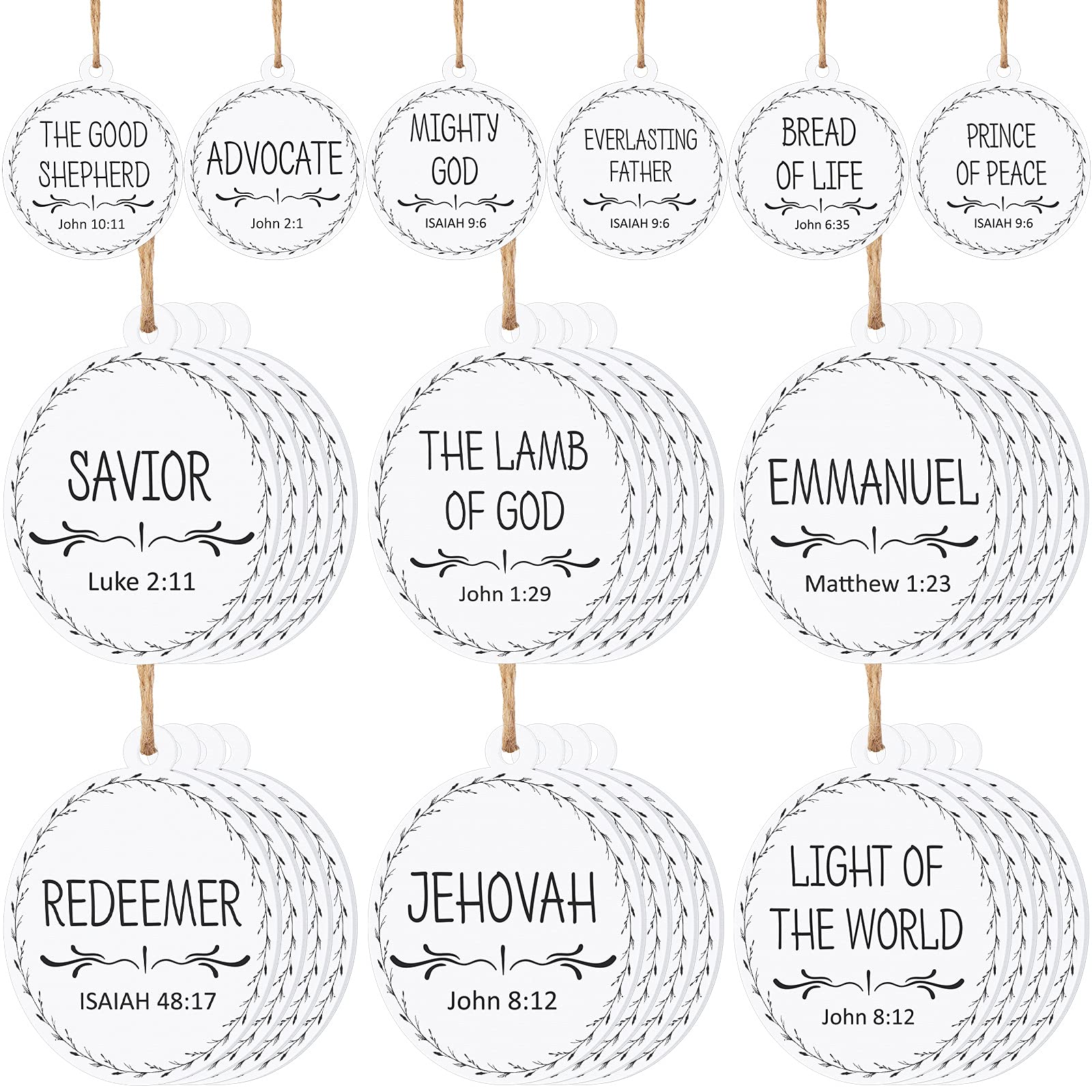 Jetec 24 Pieces Names of Jesus Christ Ornaments Christmas Ornament Nativity Set Nativity Round Wood Decoration Xmas Savior Name Hanging Ornaments for Christmas Tree Car Home Decor (White)