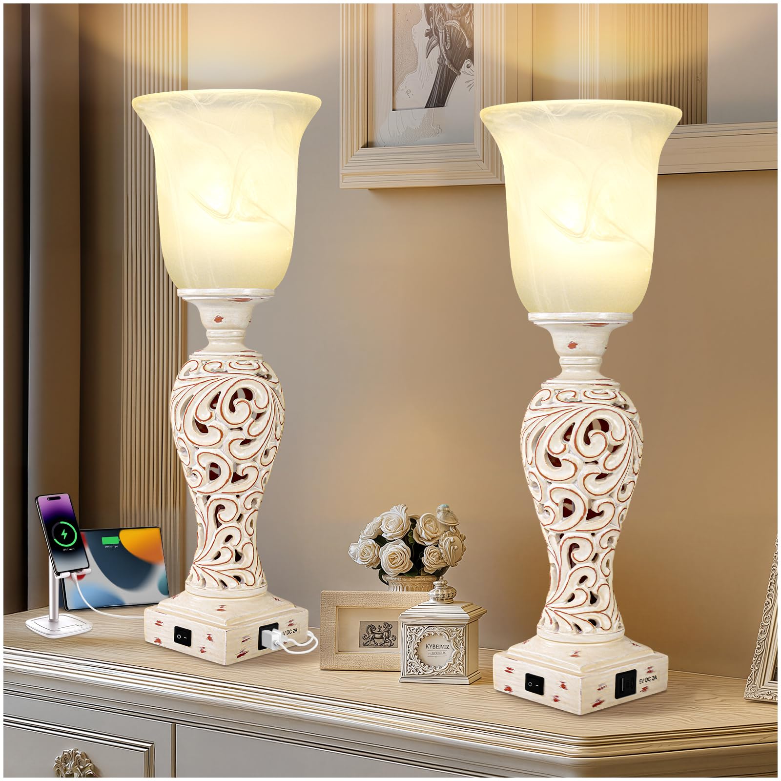 View 1 of *** MISSING PARTS*** Bedside Table Lamps for Bedroom Set of 1, 3-Way Dimmable Nightstand Lamps with 2 USB Charging Ports, 20" Vintage Desk Lamps with White Alabaster Glass Shade for Living Room Entryway, LED Bulb Included