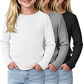 LessonZoo 3 Pack Girls Ribbed Long Sleeve Shirts, Cotton Crew Neck Jacquard Tops Kids Casual Layer Knit Basic Tees 3-12 Years