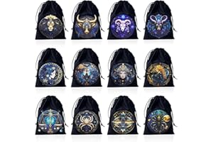 zyrnathar 12 Pcs Velvet Tarot Storage Bags and Dice Bags with Drawstrings for Tarot, Divination Supplies, Cards, Runes and Jewelry, 7.9×5.9 inches (Horoscope Style) (Horoscope)
