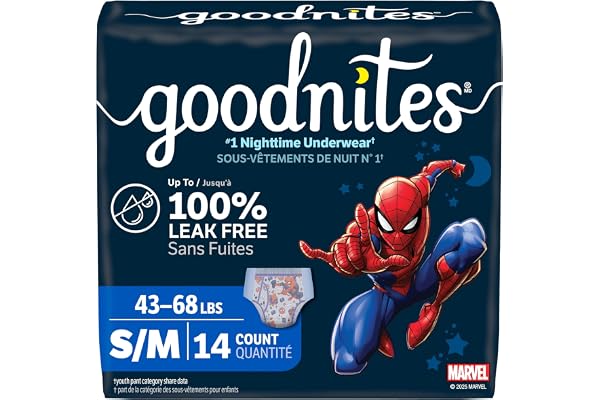 Goodnites Boys' Nighttime Bedwetting Underwear, Size S/M (43-68 lbs), 14 Ct, Packaging May Vary