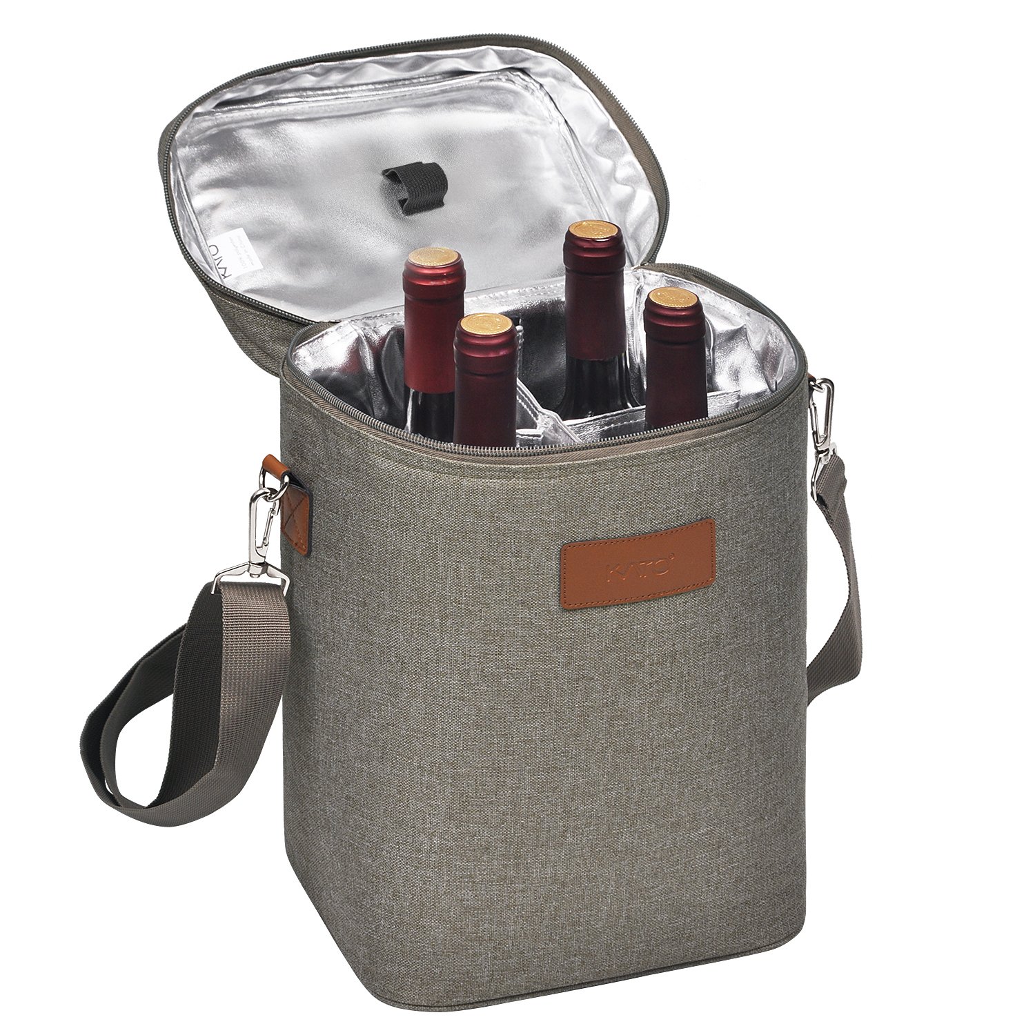 Kato Tirrinia Insulated Wine Cooler Bag - 4 Bottle Travel Padded Wine Carrier Tote Bag for Picnic Beach and Camping, Wine Lover Gift, Gray