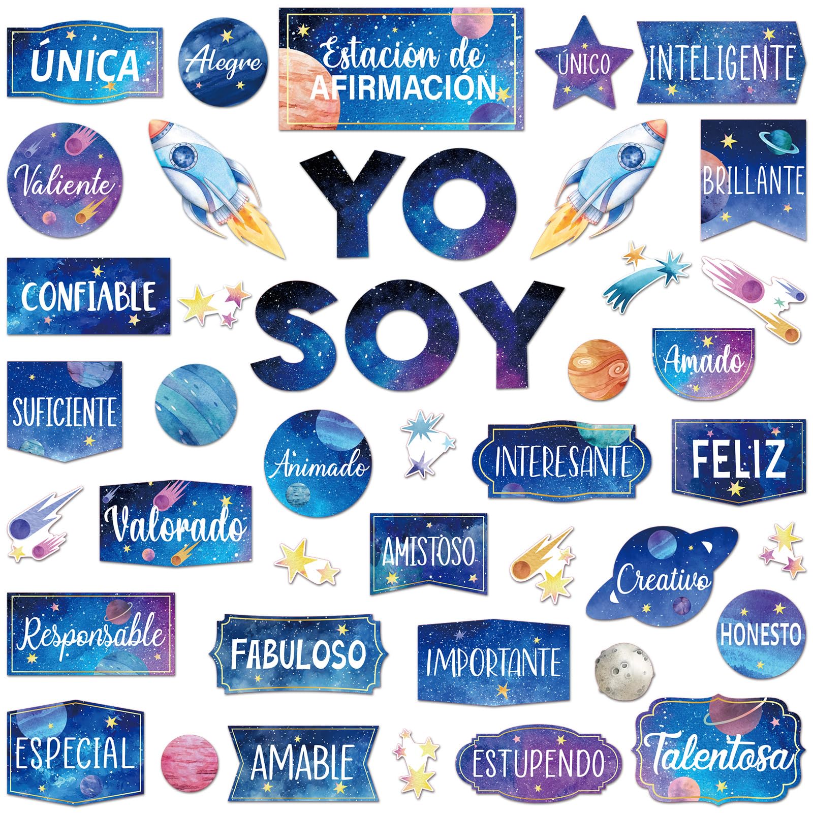 Photo 1 of Gersoniel 44 Pcs Affirmation Station Spanish Bulletin Board Set Motivational Posters Classroom Mirror Growth Mindset Decor Positive Affirmations Accents Cutouts for School Office Teacher(Space)