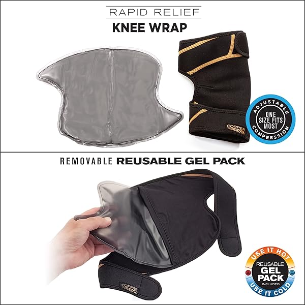COPPER FIT UNISEX ADULT RAPID RELIEF KNEE WRAP WITH HOLD/COLD THERAPY ABDOMINAL SUPPORT, BLACK, ADJUSTABLE