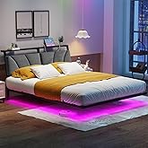 Floating Queen Bed Frame with Storage Headboard Charging Station and Led Lights,Platform Bed Frame Queen Size with Upholstered Headboard,No Box Spring Needed,Heavy Duty Meal Slats Support,No Noise
