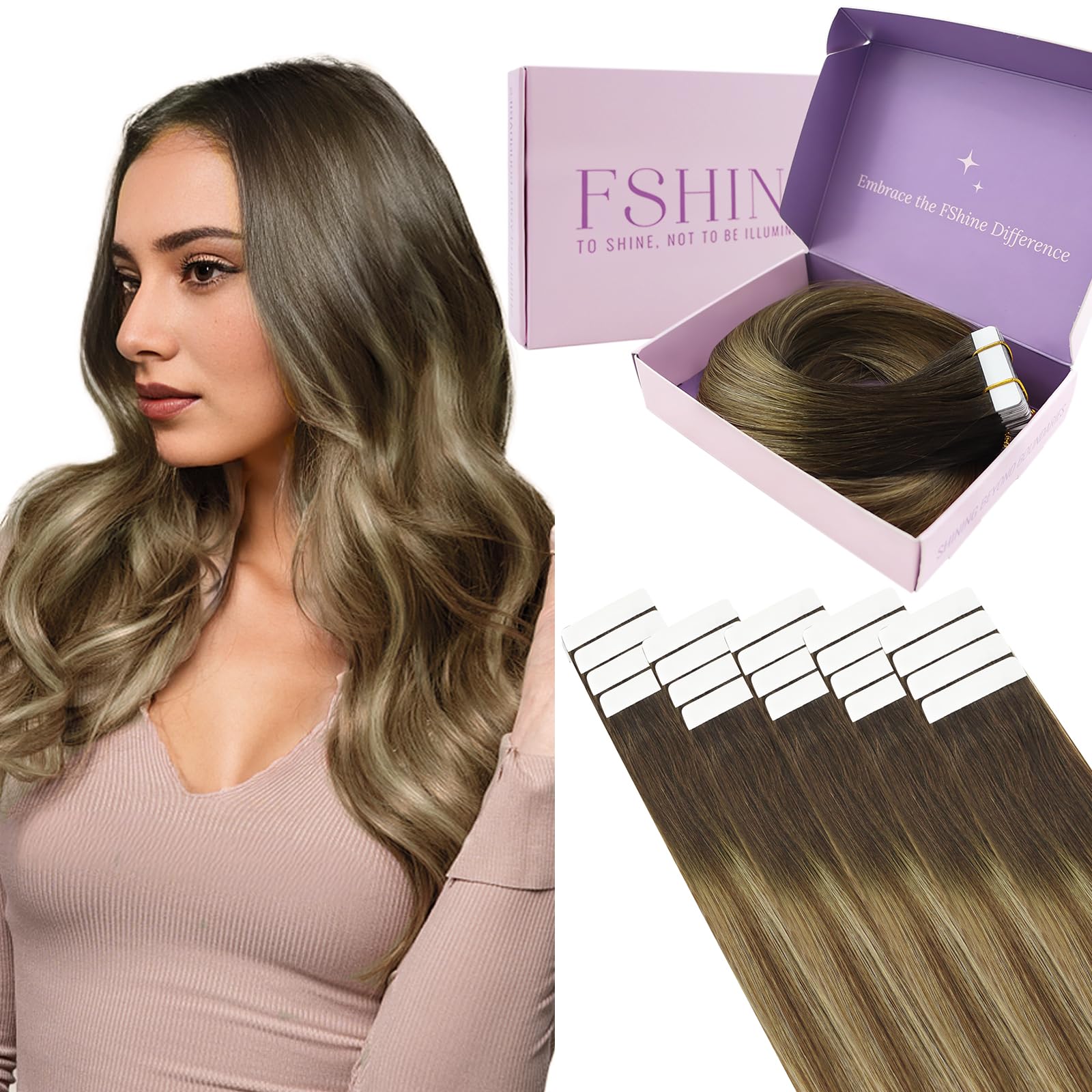 Fshine Brown Tape in Hair Extensions 14 Inch 50 Gram 20 Pcs Tape in Human Hair Extensions Color 2 3 27 Brown To Blonde Mixed Brown Ombre Seamless Tape Hair Extensions — image 1