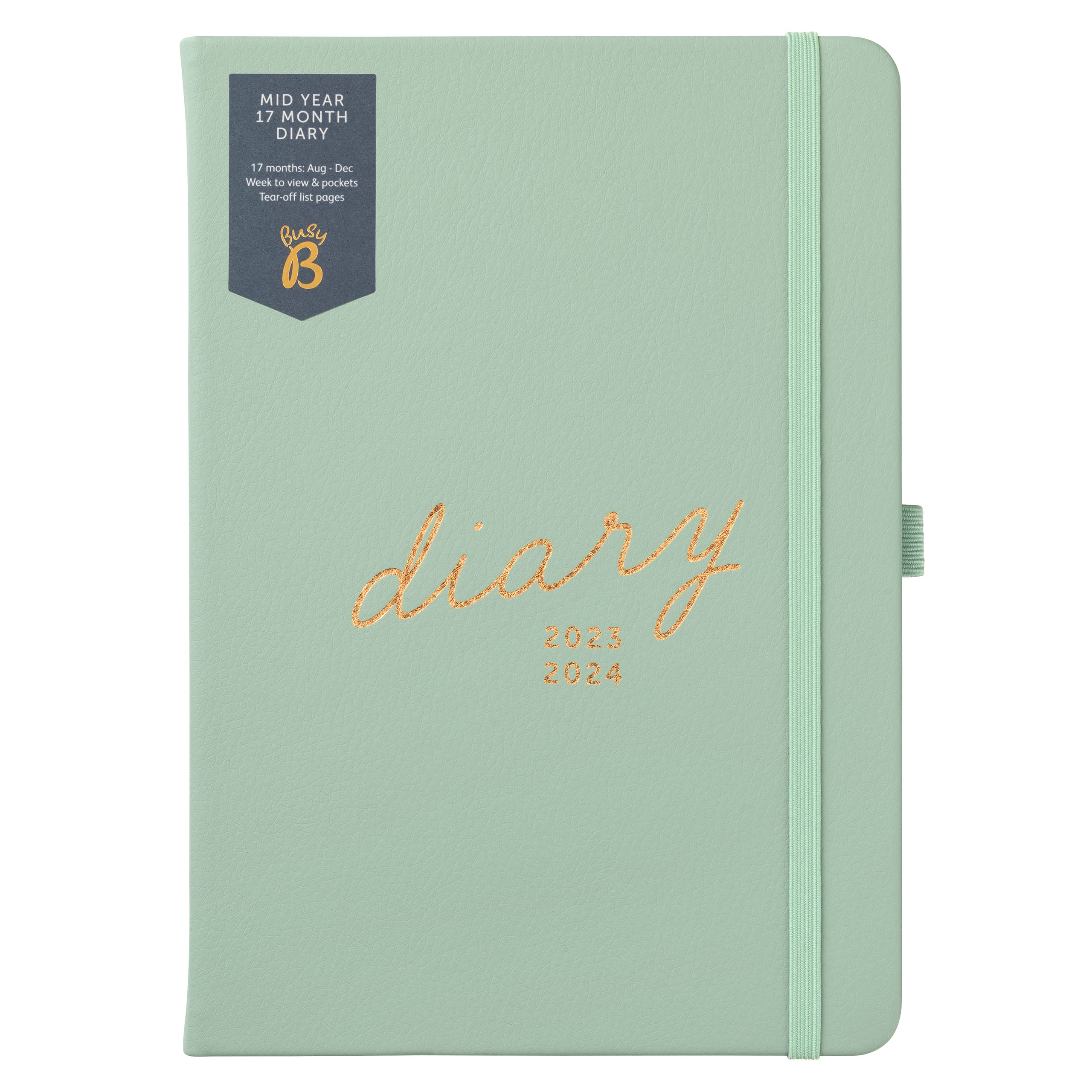 Busy B Mid Year 17 Month Diary August 2023 - December 2024 - Sage - Faux Leather Academic Diary with Week to View Planner with Pen Holder, Elastic Closure and Storage Pockets — image 1