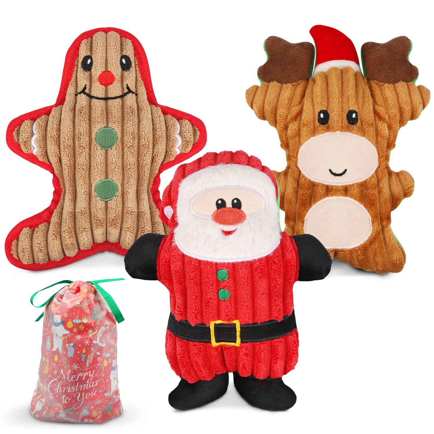 Dreamon Christmas Plush Interactive Dog Squeaky Toys Xmas Gift for Small Medium Large Pet included Ginger Man Reindeer Santa Claus, 3 Pcs Set