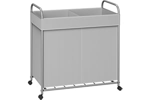 CASAMAYA Laundry Basket with Wheels, 2-Section Rolling Laundry Hamper, Laundry Sorter with Removable Liner, Steel Frame with Handle, 95L, 23.6 x 13 x 25.2 Inches, Grey, LHC120G01