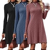 Velvelhall 3 Pack Women's Long Sleeve Sweater Dresses Ribbed Knit Lettuce Trim Mock Turtleneck Short Casual Slim Fit Dresses