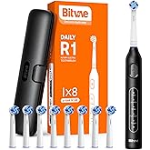 Bitvae R1 Rotating Electric Toothbrush with 8 Brush Heads for Adults and Kids, 60-Day Battery Life, 5 Modes Rechargeable Power Toothbrush with 2-Minute Smart Timer, Black