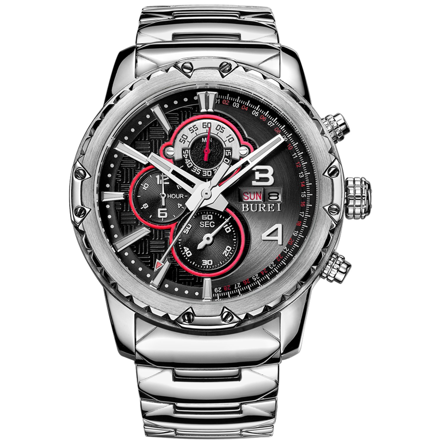 Burei Men's Chronograph Wrist Watches With Black Dial Metal Band 21 816aOpRO5AL