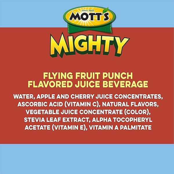 MOTT’S MIGHTY FLYING FRUIT PUNCH JUICE DRINK, 8 FL OZ BOTTLES, 24 COUNT (4 PACKS OF 6), 100% FRUIT JUICE WITH PURIFIED WATER, VITAMINS A, C AND E, NO ARTIFICIAL FLAVORS, COLORS OR SWEETENERS