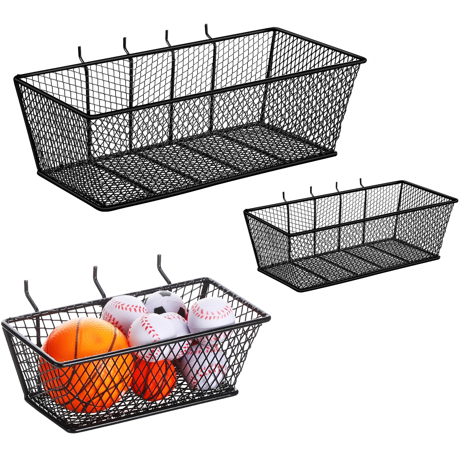 Photect Pegboard Wire Baskets Accessories Hanging Wall Organizer 3 Sizes Pegboard Bins Basket Home Garage Multi Fit Organizer for Slatwall(Black,3 Pcs)