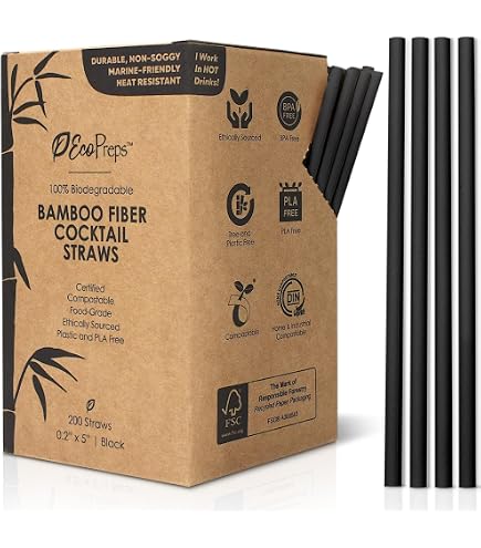 Pajitas Negras Biodegradables De Fibra De Maíz | 10000 Unidades, 6x200 Mm | Sin Sabor, Resistentes Hasta 50°C