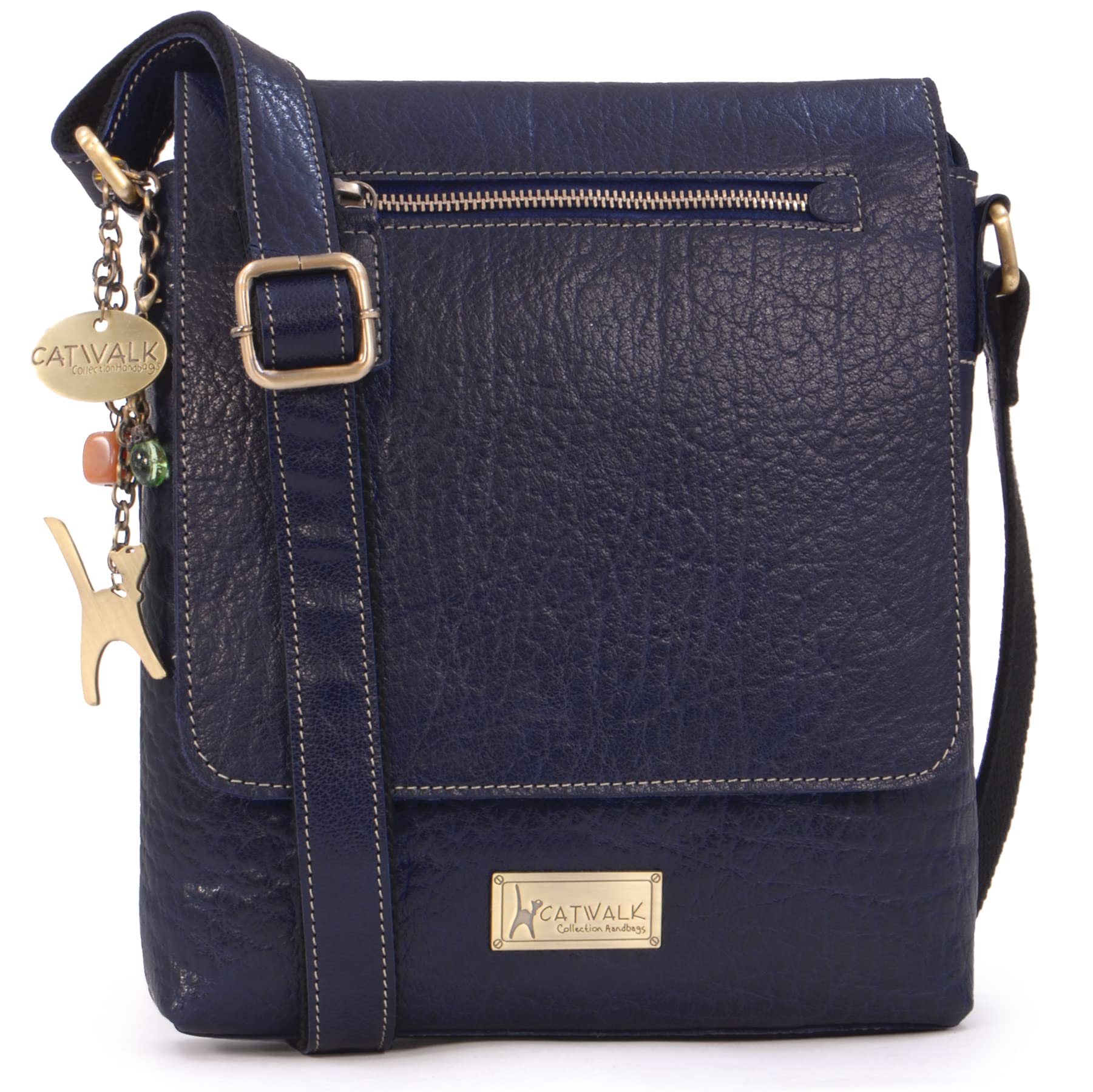 Catwalk Collection Handbags - Women's Leather Anti Theft Crossbody Bag - Medium Messenger Bag - Adjustable Shoulder Strap - Anja - Blue