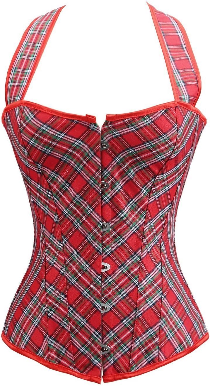 anvoro Women's Grid Basques with Strap Halter Neck Lace Up Corset Top