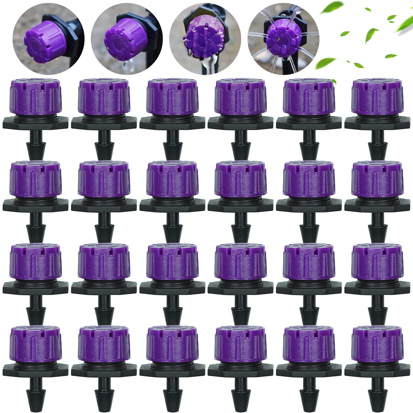 Kalolary 100Pcs 1/4Inch Irrigation Drippers Sprinklers, Adjustable Emitter Drippers Micro Drip Irrigation System Watering Sprinklers Anti-clogging Emitter Dripper Garden Supplies (Purple)