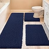 ACCUMTEK Upgrade Extra Large Navy Blue Bathroom Rug Set 3 Pieces Ultra Soft, Thick Absorbent Bath Mats, Non Slip Chenille Toilet Mat for Bathroom, Bedroom, Kitchen