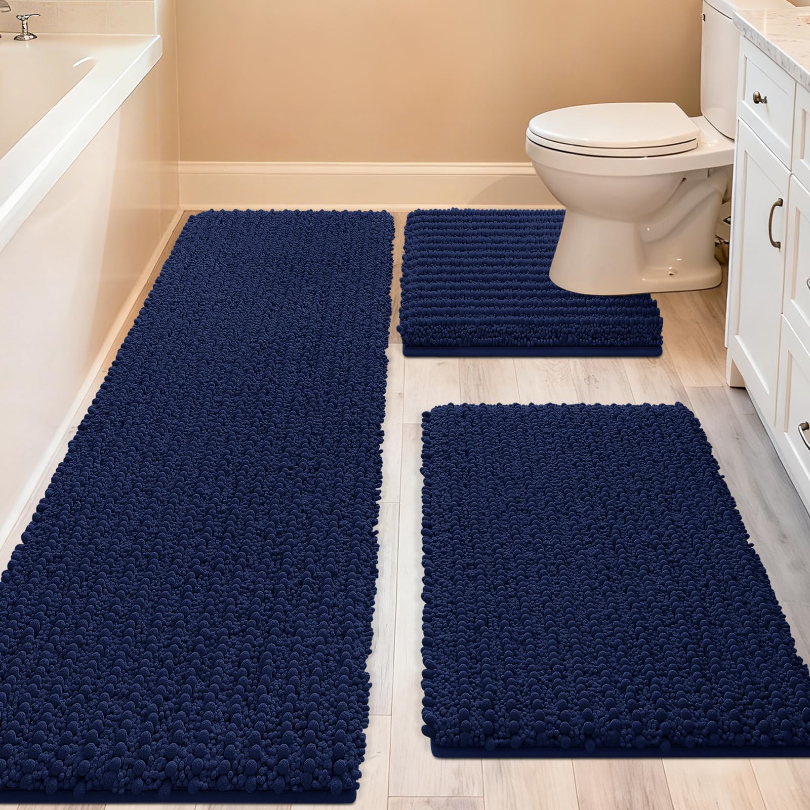 Photo 1 of ACCUMTEK Upgrade Extra Large Navy Blue Bathroom Rug Set 3 Pieces Ultra Soft, Thick Absorbent Bath Mats, Non Slip Chenille Toilet Mat for Bathroom, Bedroom, Kitchen