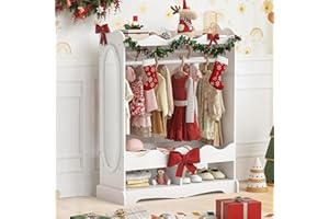 Curipeer Double Rods Kids Dress Up Storage with Full-Length Mirror, Kids Wardrobe Closet with 3 Hooks, Open Hanging Toddler Dress Up Rack, Kids Armoire Costume Organizer for Playroom, Bedroom, White