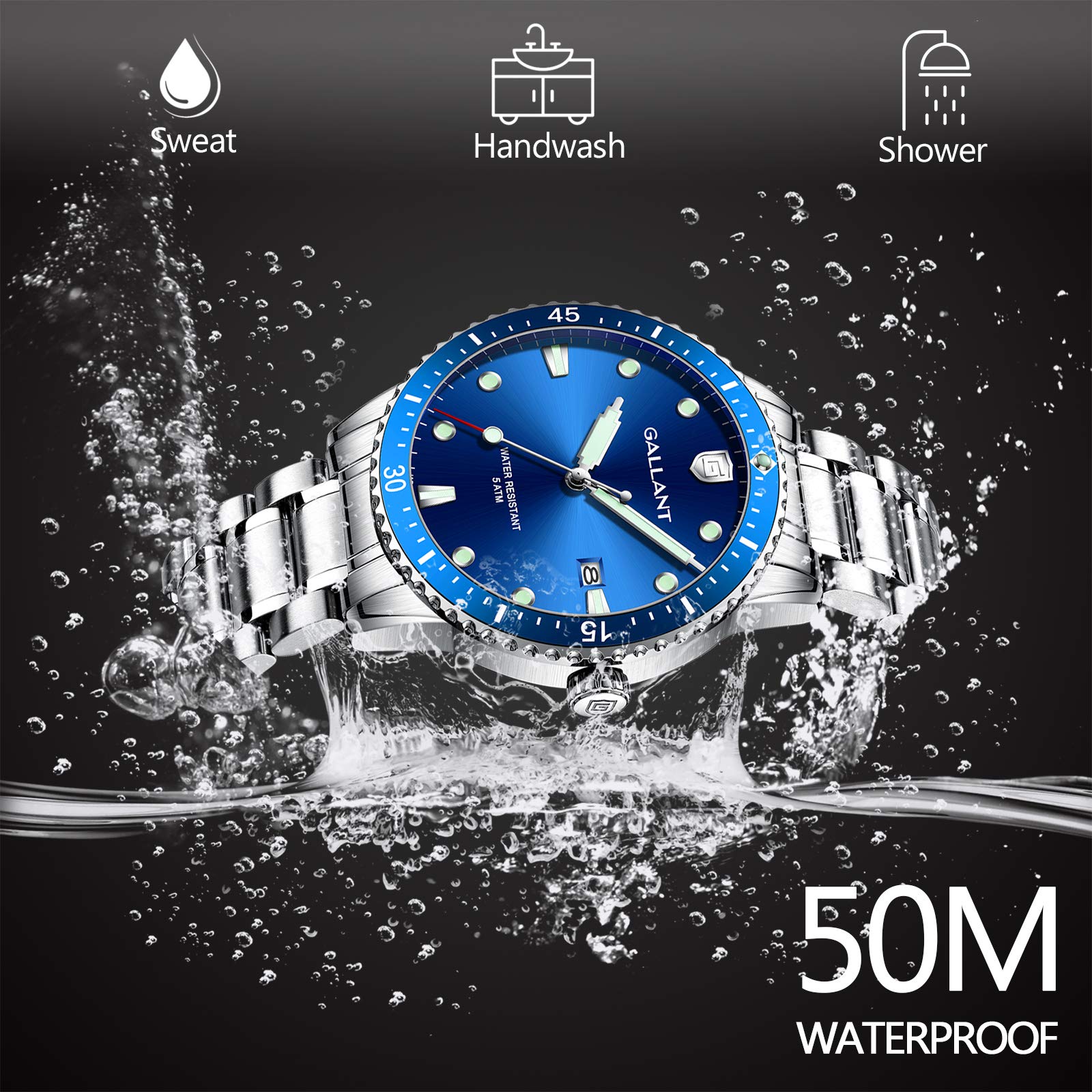 GALLANT Men\'s Sports Quartz Watch with Stainless Steel Strap Analog Dial Quarz Movement Wrist Watch Multi-Function Business Work Casual Calendar Date Waterproof Watches, Blue