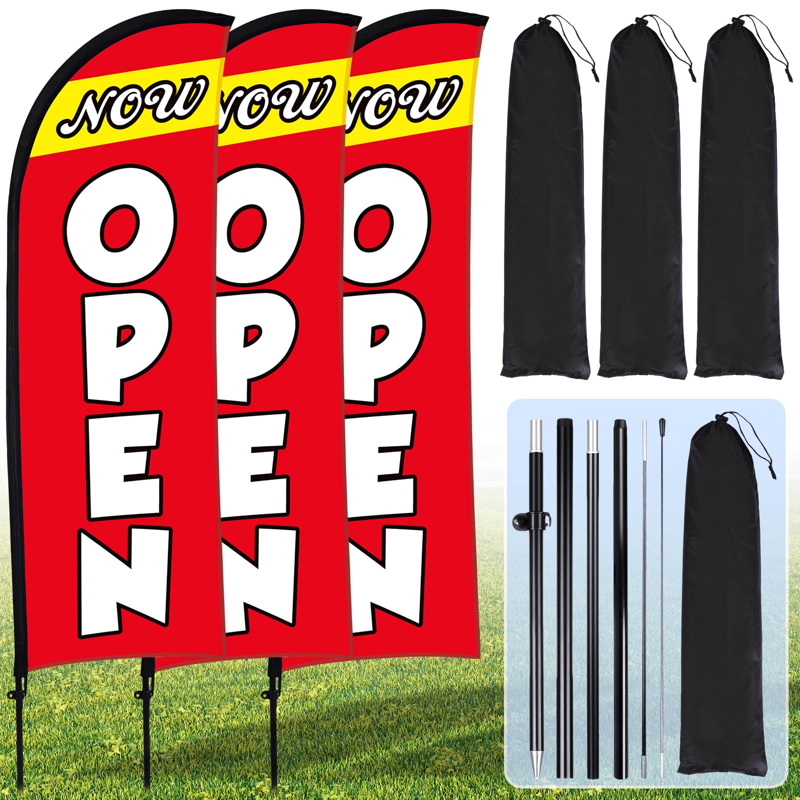 Photo 1 of Buryeah 3 Sets Now Open Feather Flag Pole Kit for Business Advertising 7 ft Open Flag Banner Sign with Pole Kit Ground Stake and Portable Bag for Outside Ground (Red)