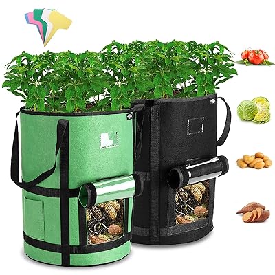 Buy Tvird Potato Grow Bags 2 Pack 7 Gallon Upgrade Plant Grow Bags With Long Suspended Handle Side Tool Storage Bag 5 Plant Labels Heavy Duty Planter Pot With Magic Stick Ventilation Window 2 Colors Online In