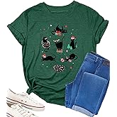 Christmas Shirts for Women Meowy Christmas Tshirt Black Cat Shirt Merry and Bright Xmas T-Shirt Cat Lover Gifts Tops